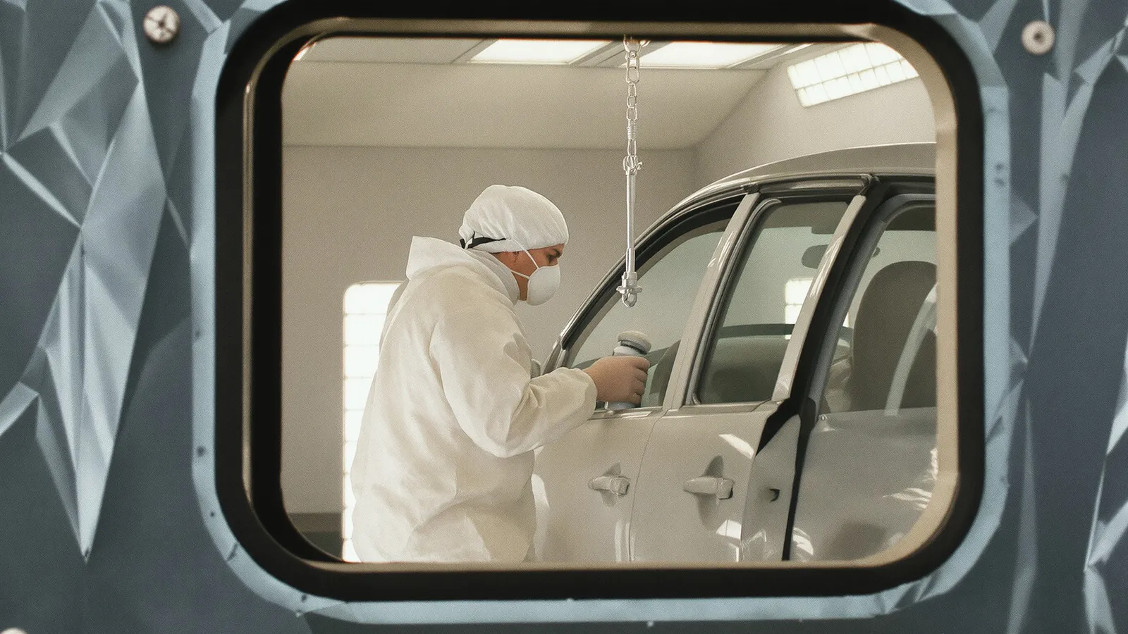 Painter spraying a car door in a paint booth