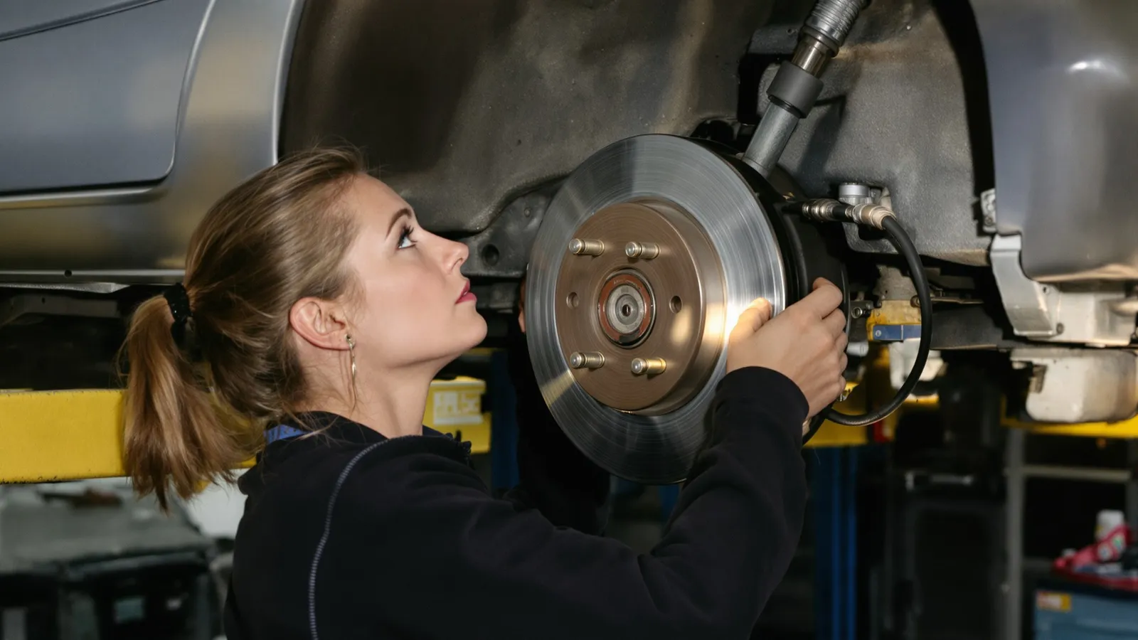 Mechanic replacing a brake disc under a car on a lift