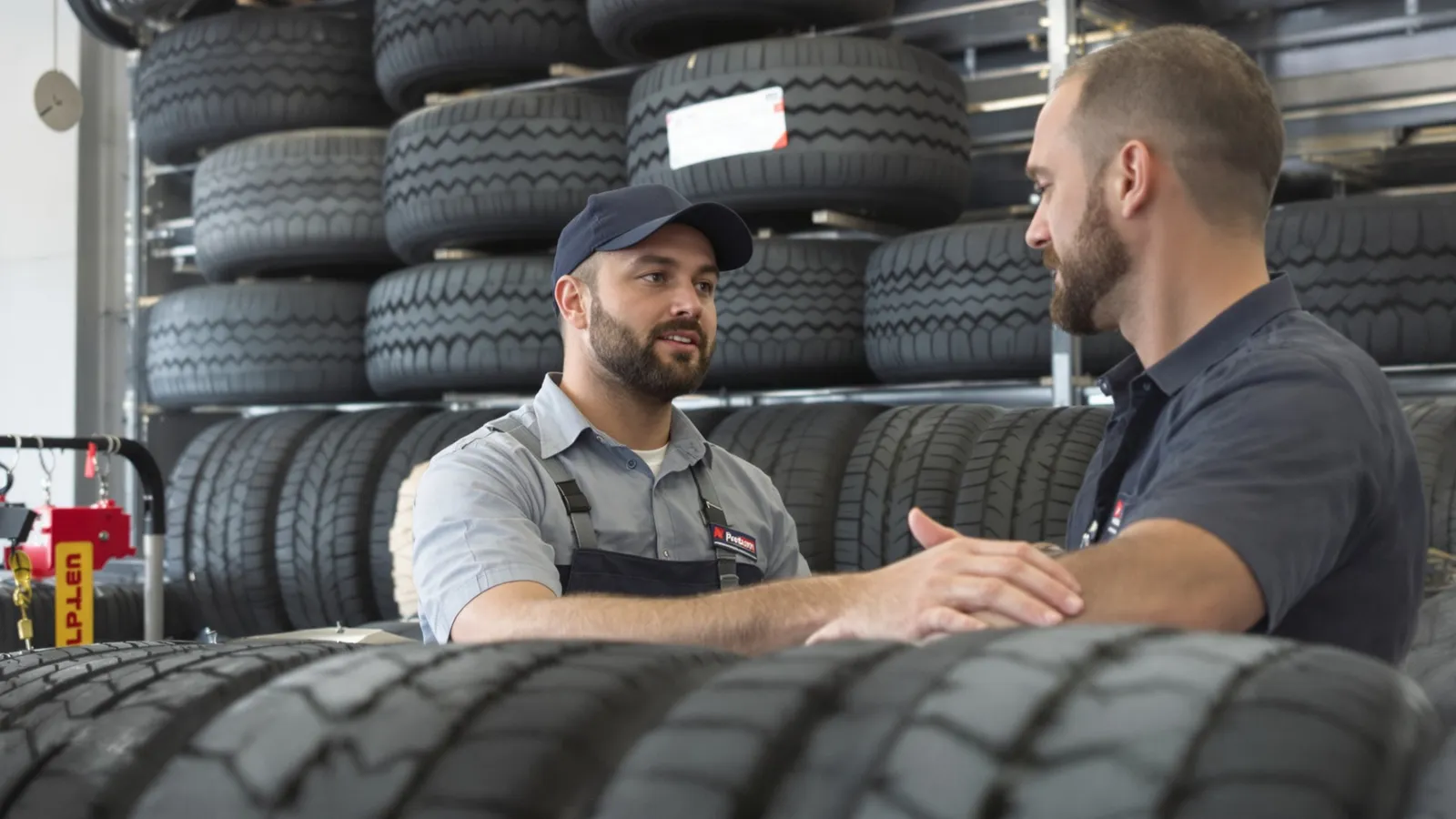 Tire technician showing a customer two tire options